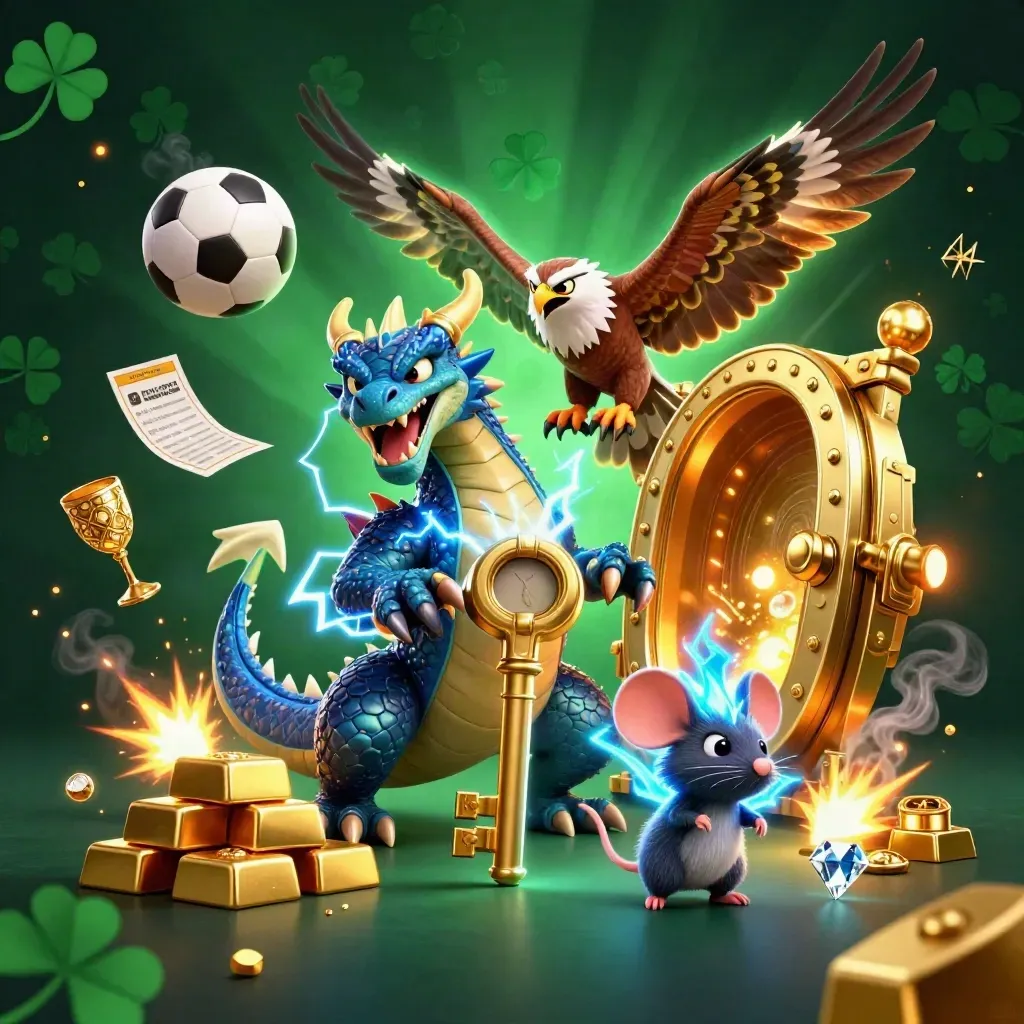 Fantasy casino sports key art: dragon, hawk and thunder-mouse amid gold, balls and lightning.