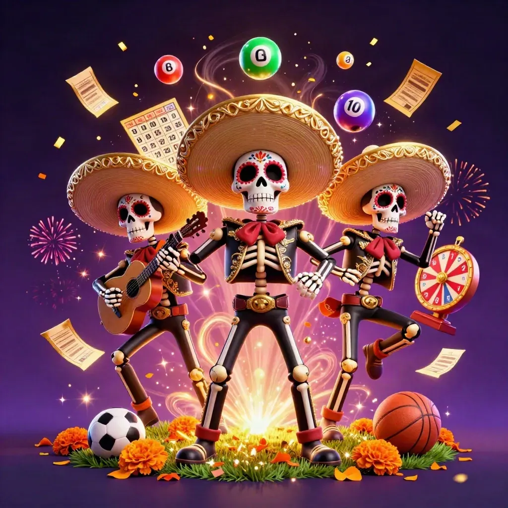 Skeleton mariachi trio amid casino props, lottery balls, fireworks, and neon magic on a dark starry background.