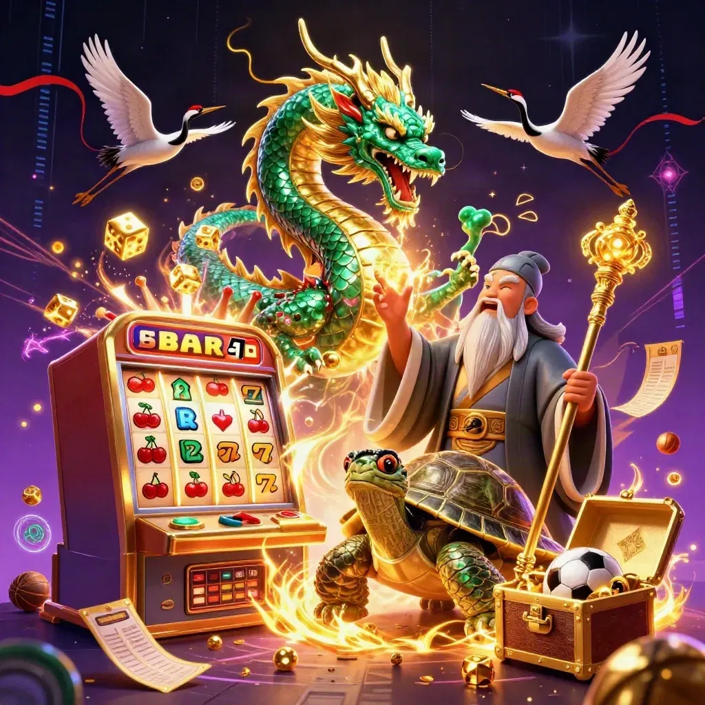 Emerald dragon, turtle sage, cranes, slot machine burst, dice, treasure, sports icons, neon casino fantasy