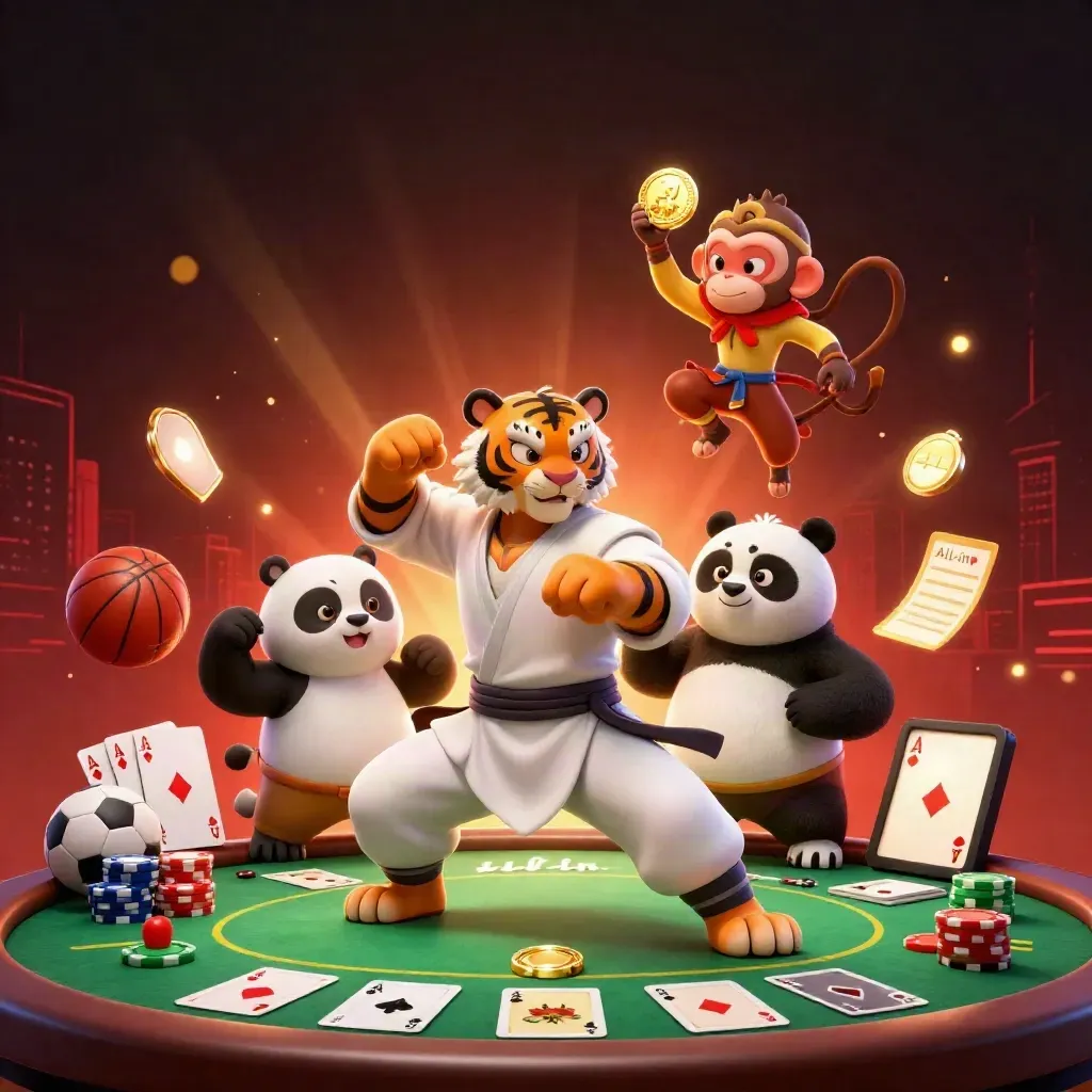 Kung-fu tiger, panda, and monkey amid casino treasures, sports gear, and neon god-rays.