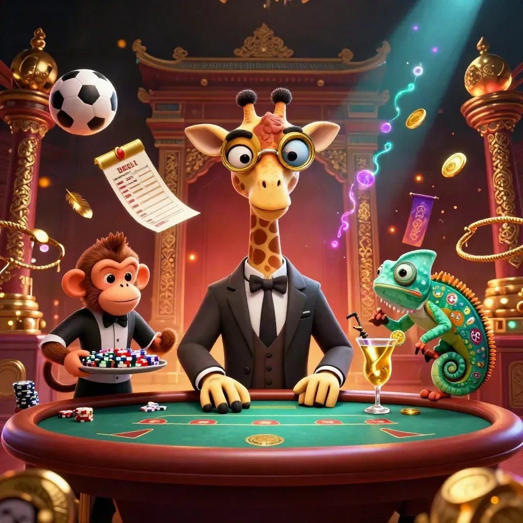 Luxe casino animals with floating sports balls, gold chips, and neon light