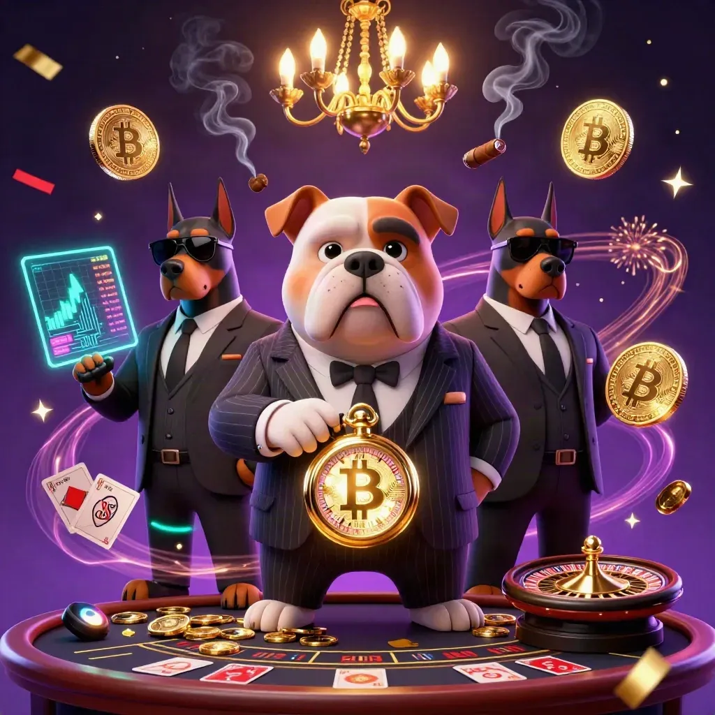 Bulldog boss with Dobermans in a luxe casino glow, coins, charts, sparks, and fireworks.