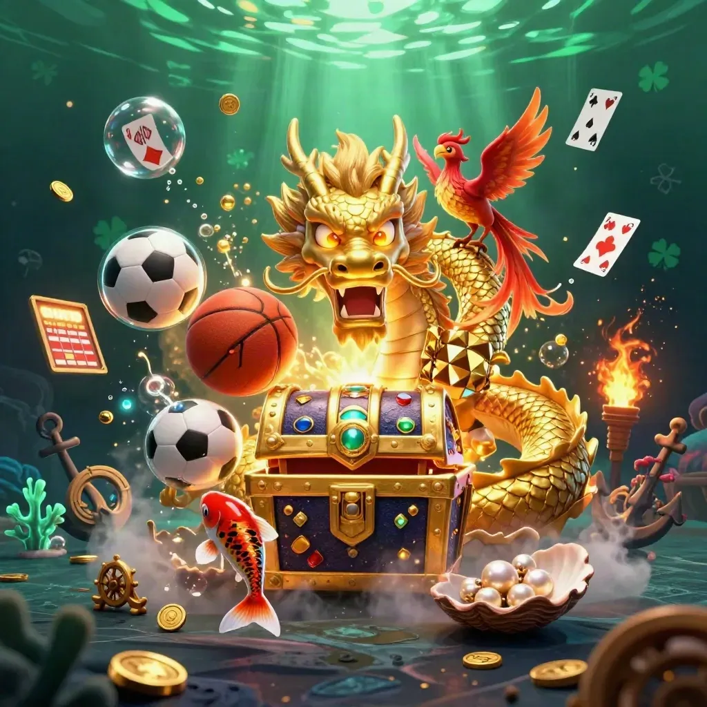 Golden dragon with phoenix and koi amid casino treasure, balls, cards, and glowing sports props