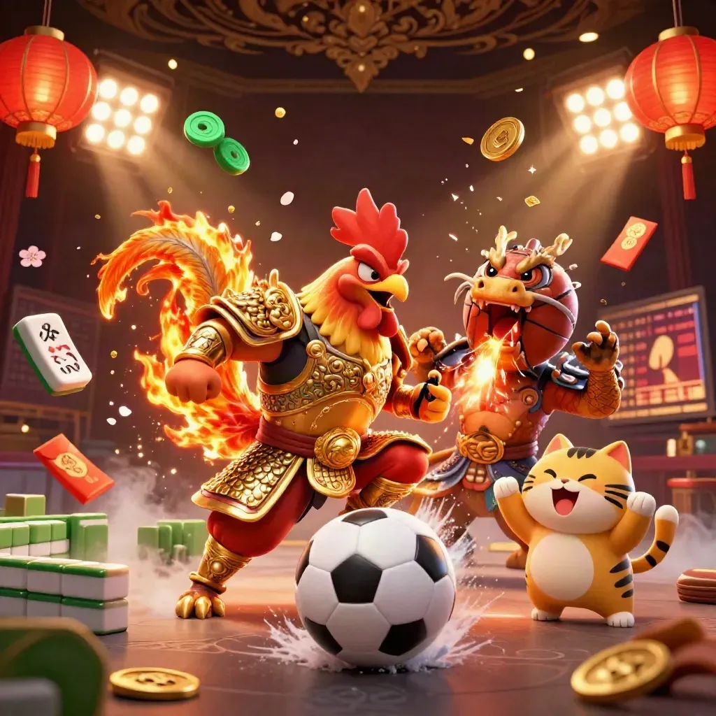 Rooster samurai, dragon hatchling and fortune-cat amid casino props, sparks and gold in a dark arena.