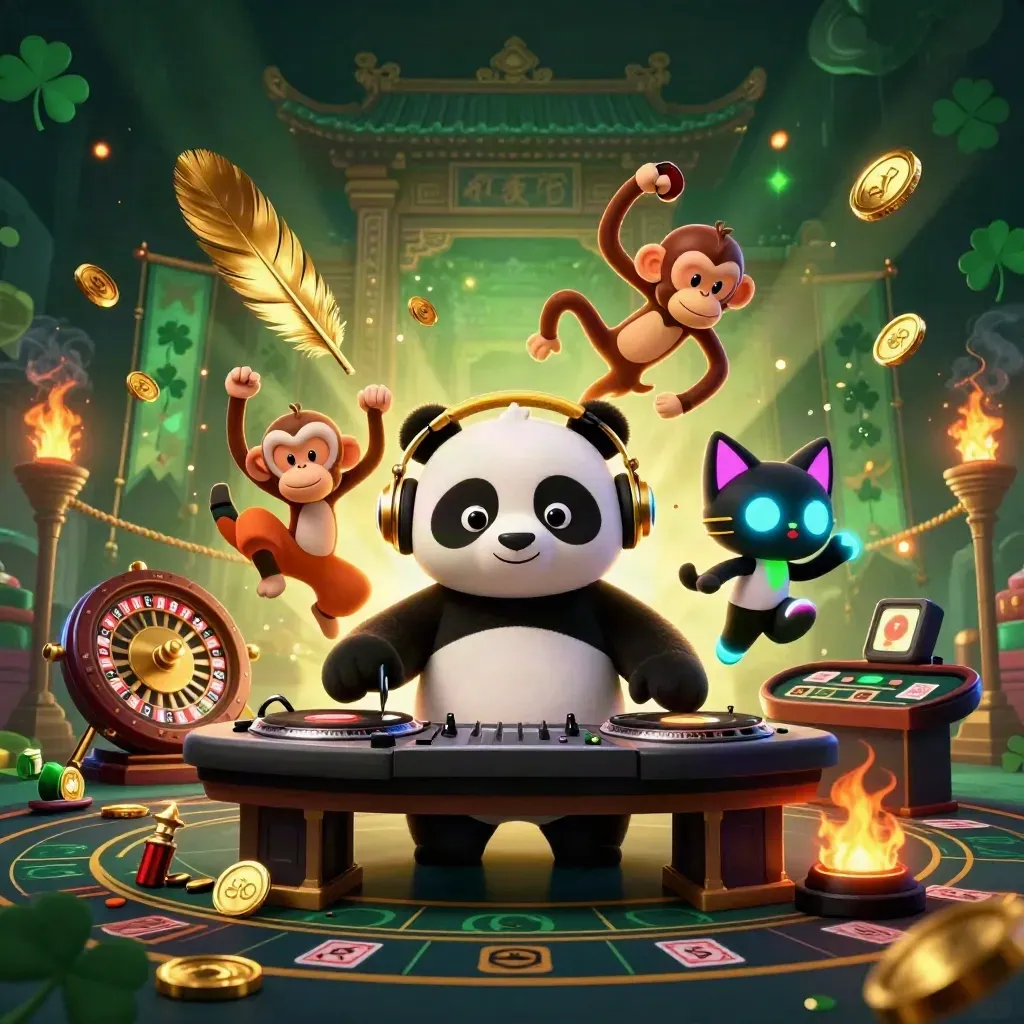 DJ panda, monkey, and kitten in a luxe casino arena with gold light and fire