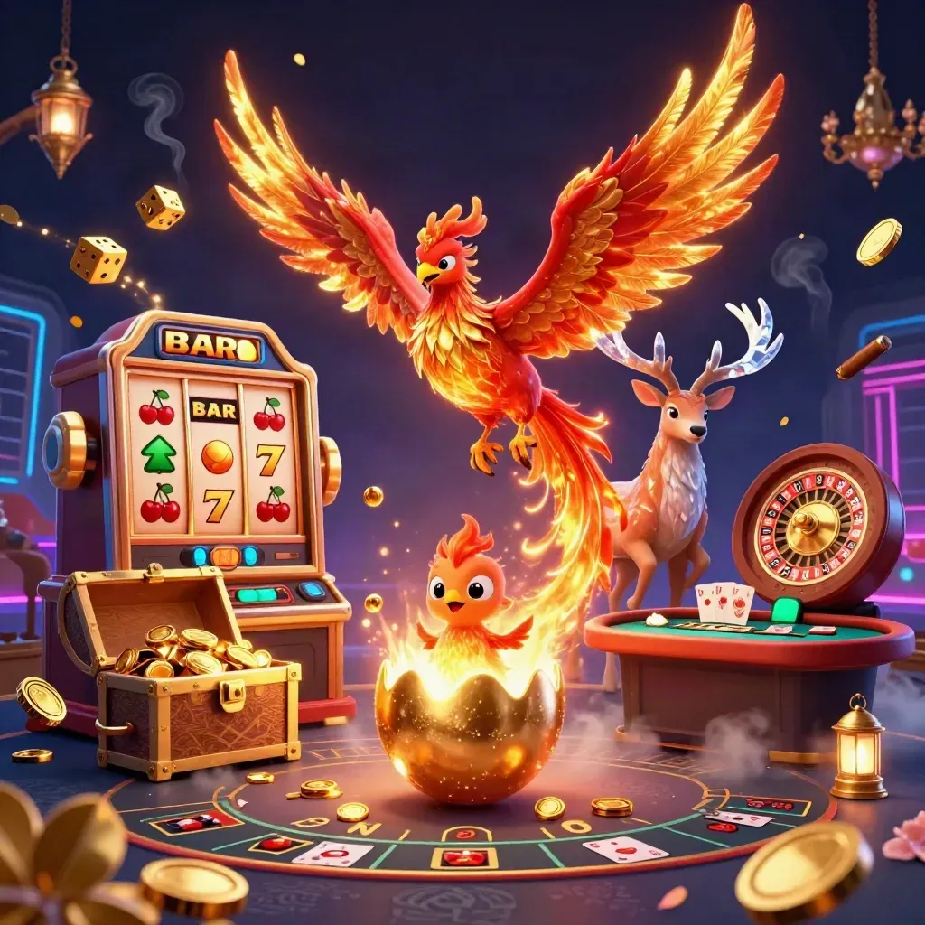 Phoenix, hatchling egg, and crystal stag amid slot burst, roulette spin, and neon casino glow.
