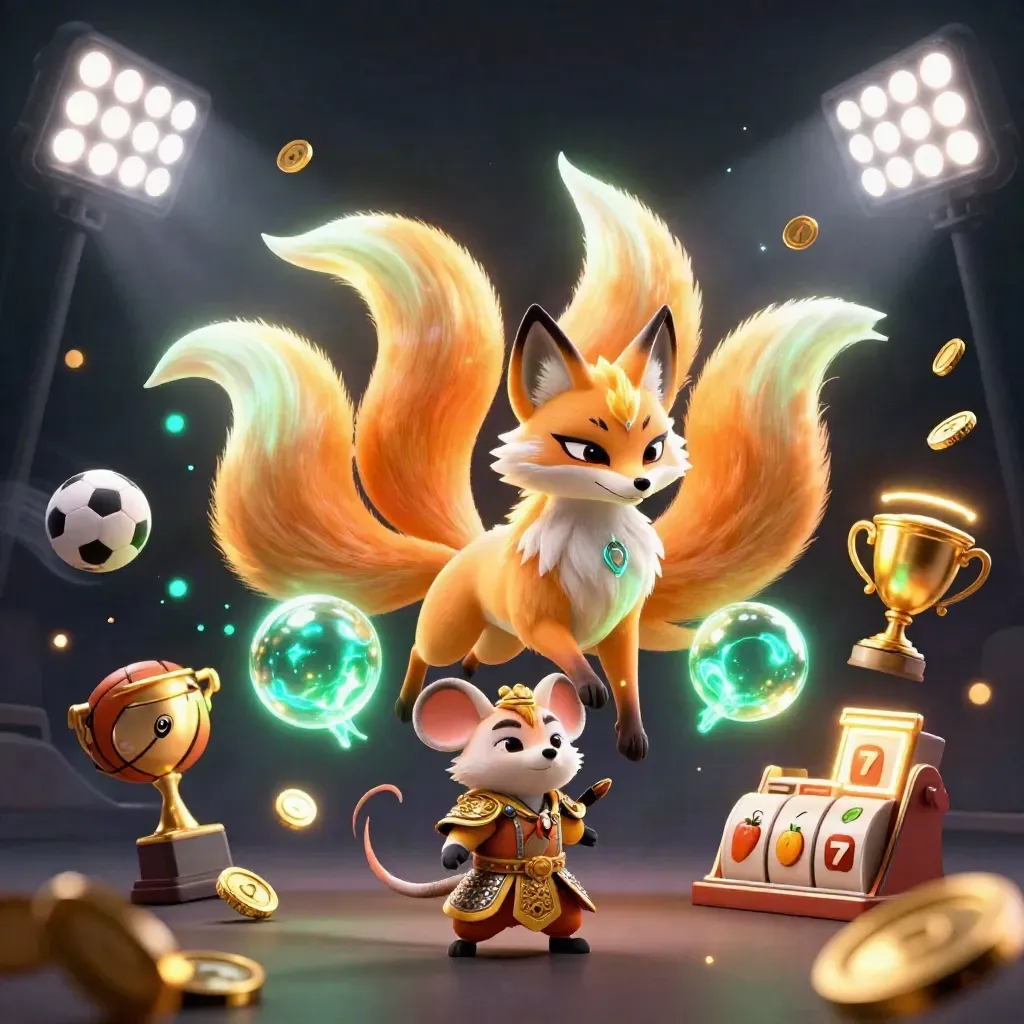 Nine-tailed neon fox spirit and armored samurai mouse amid casino glow, trophies, balls and coins