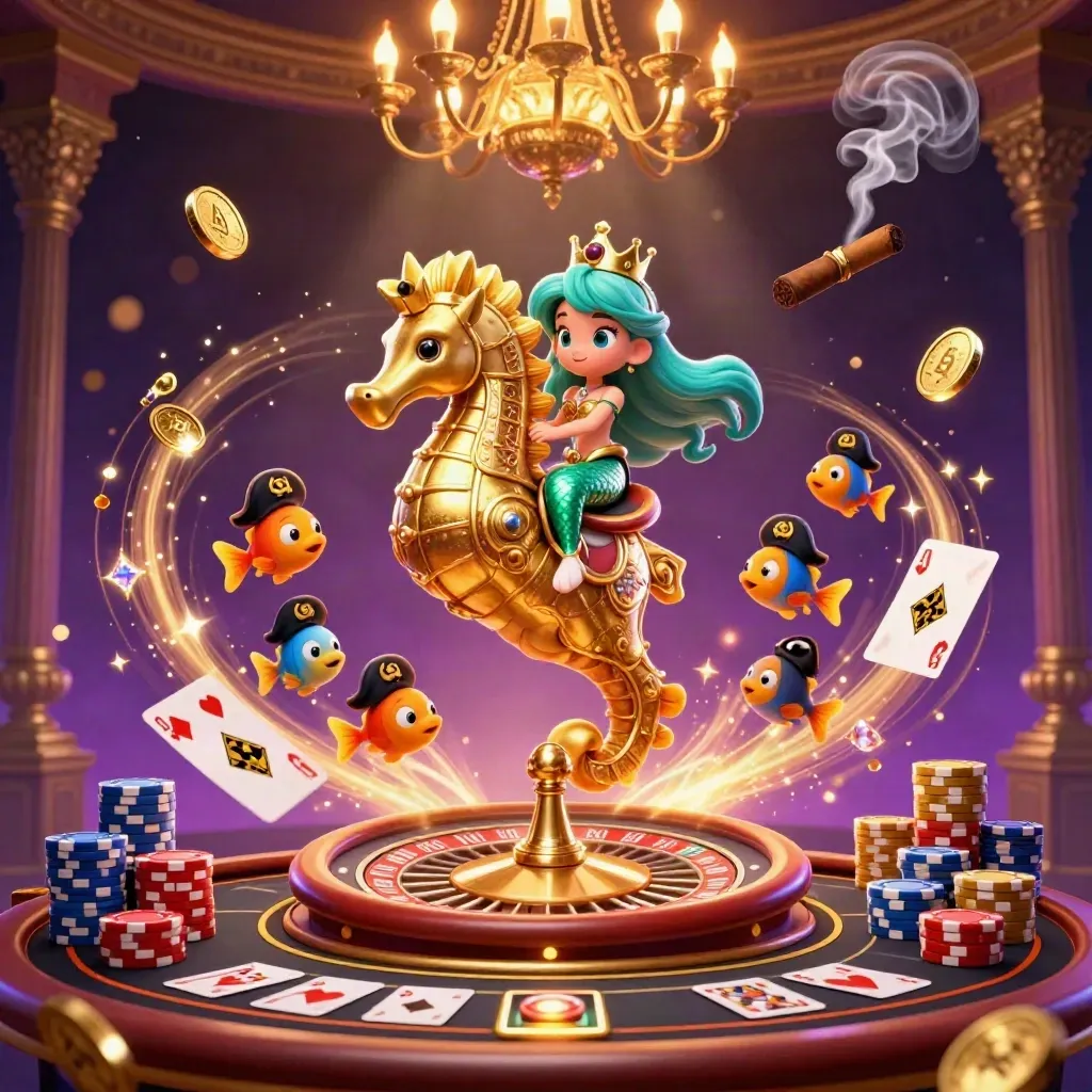 Mermaid princess on an armored seahorse amid casino lights, coins, gems, cards, chips, and a roulette wheel.
