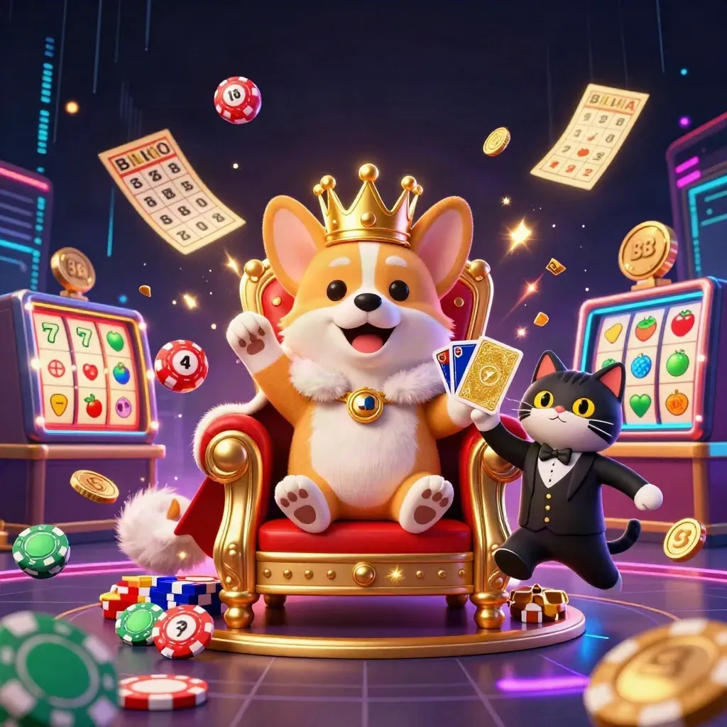Crowned corgi and cat butler amid casino bursts, lottery balls, neon green energy, chips, gold.