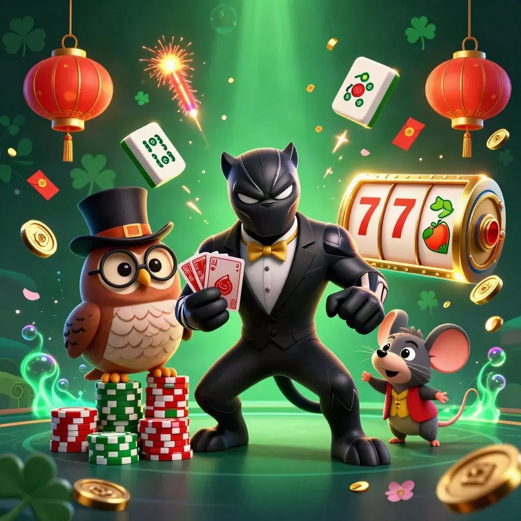 Panther, owl, and mouse amid neon casino treasures, lanterns, coins, and glowing green-gold light.