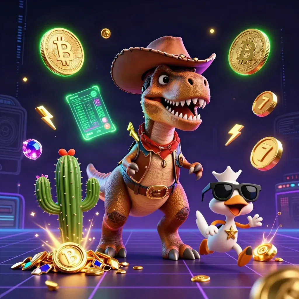 Cowboy T-Rex trio amid neon coins, lightning, and casino-tech chaos