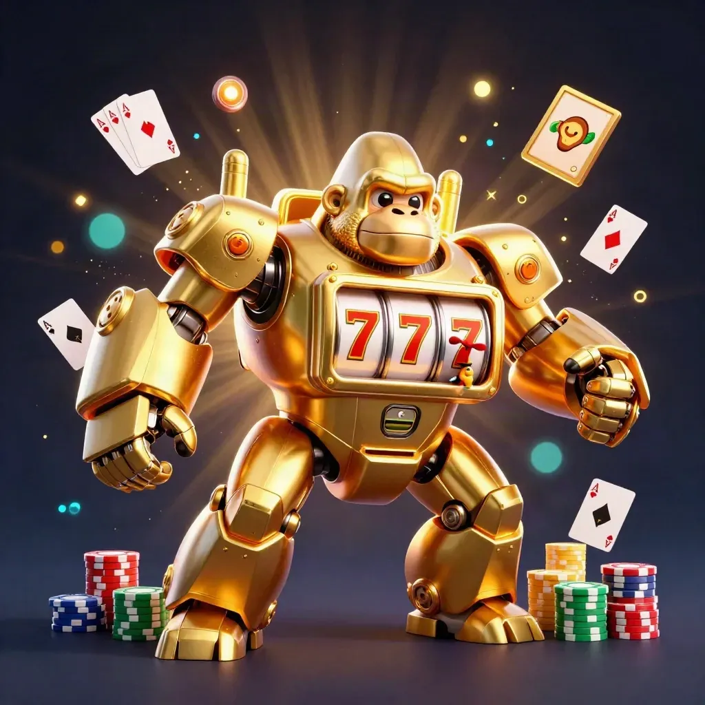 Golden gorilla mech with monkey pilot bursts through casino props and glowing chips