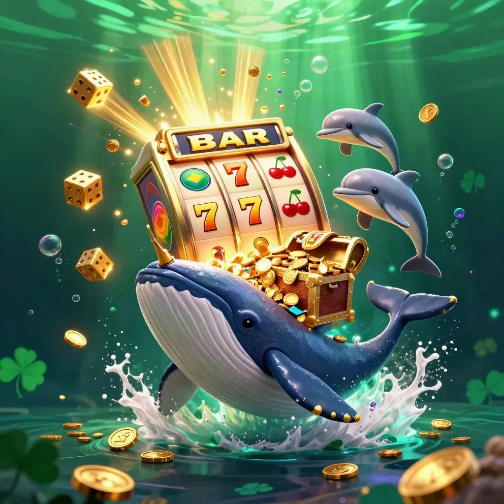 Cartoon whale captain, narwhal, and dolphins burst from coins with neon casino loot and glow.
