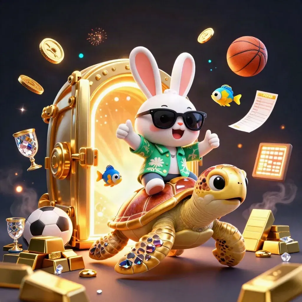 Lucky rabbit on a gem-shell sea turtle amid gold coins, vault blast, fireworks, and casino prizes.
