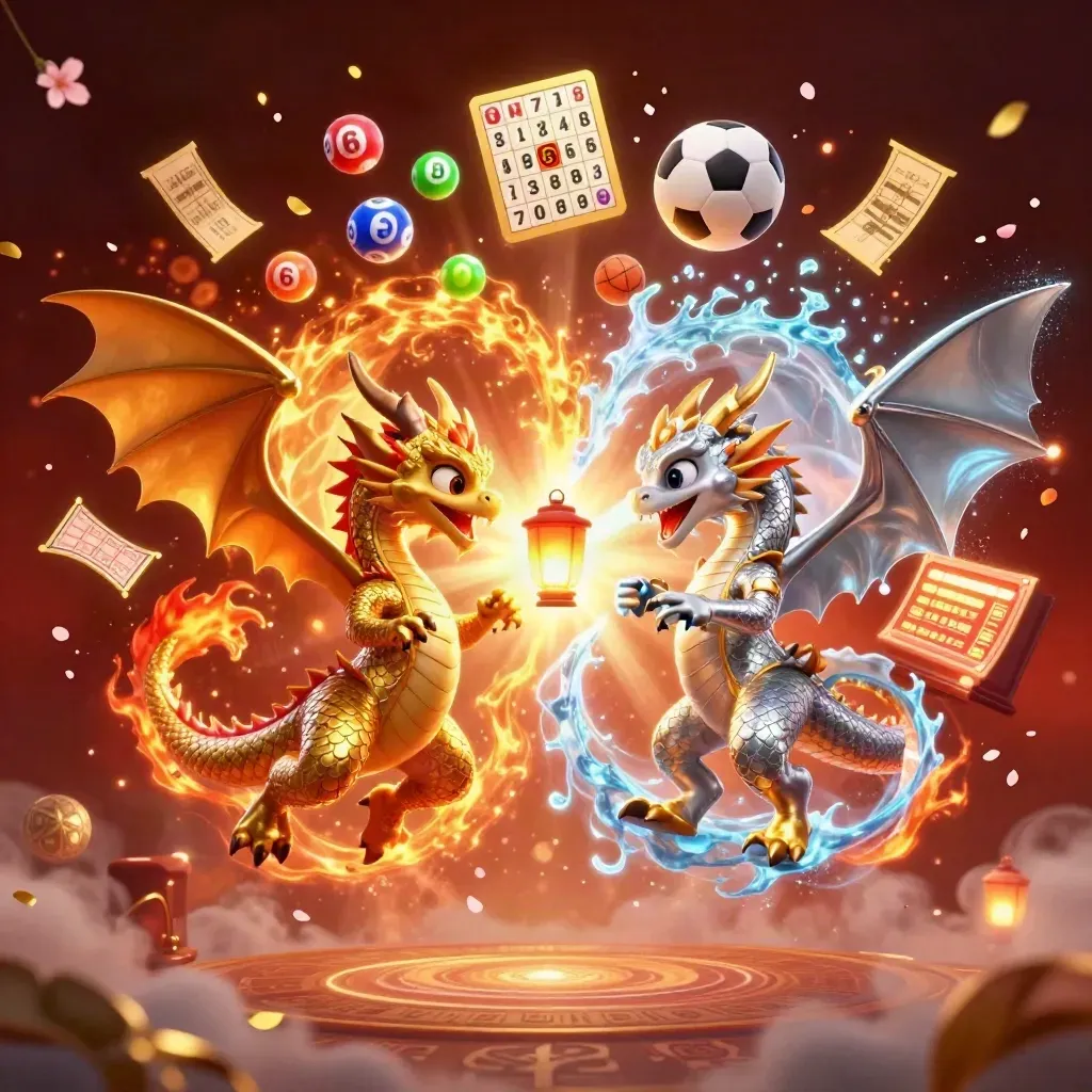 Gold and silver dragons spiral around casino icons amid fire, ice, coins, and fireworks.