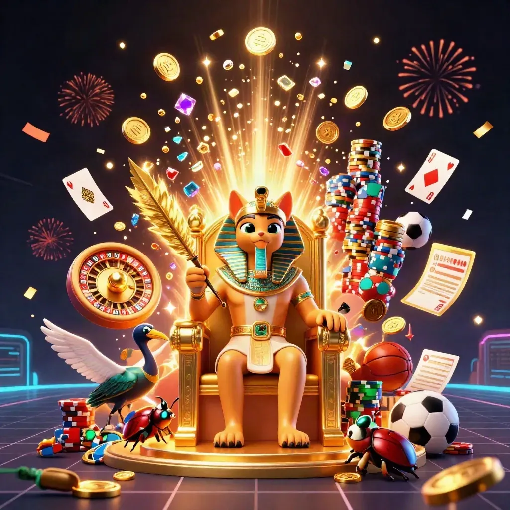 Pharaoh cat, ibis scribe, and scarab beetles amid coins, chips, cards, fireworks, and neon gold light.