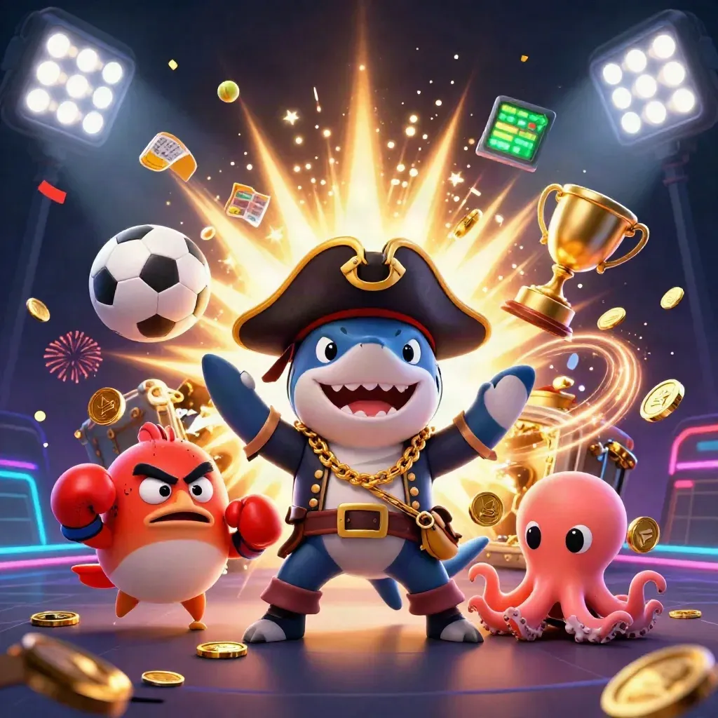 Pirate shark, boxing pufferfish, and coin-juggling octopus amid casino treasure, sports gear, and fireworks.