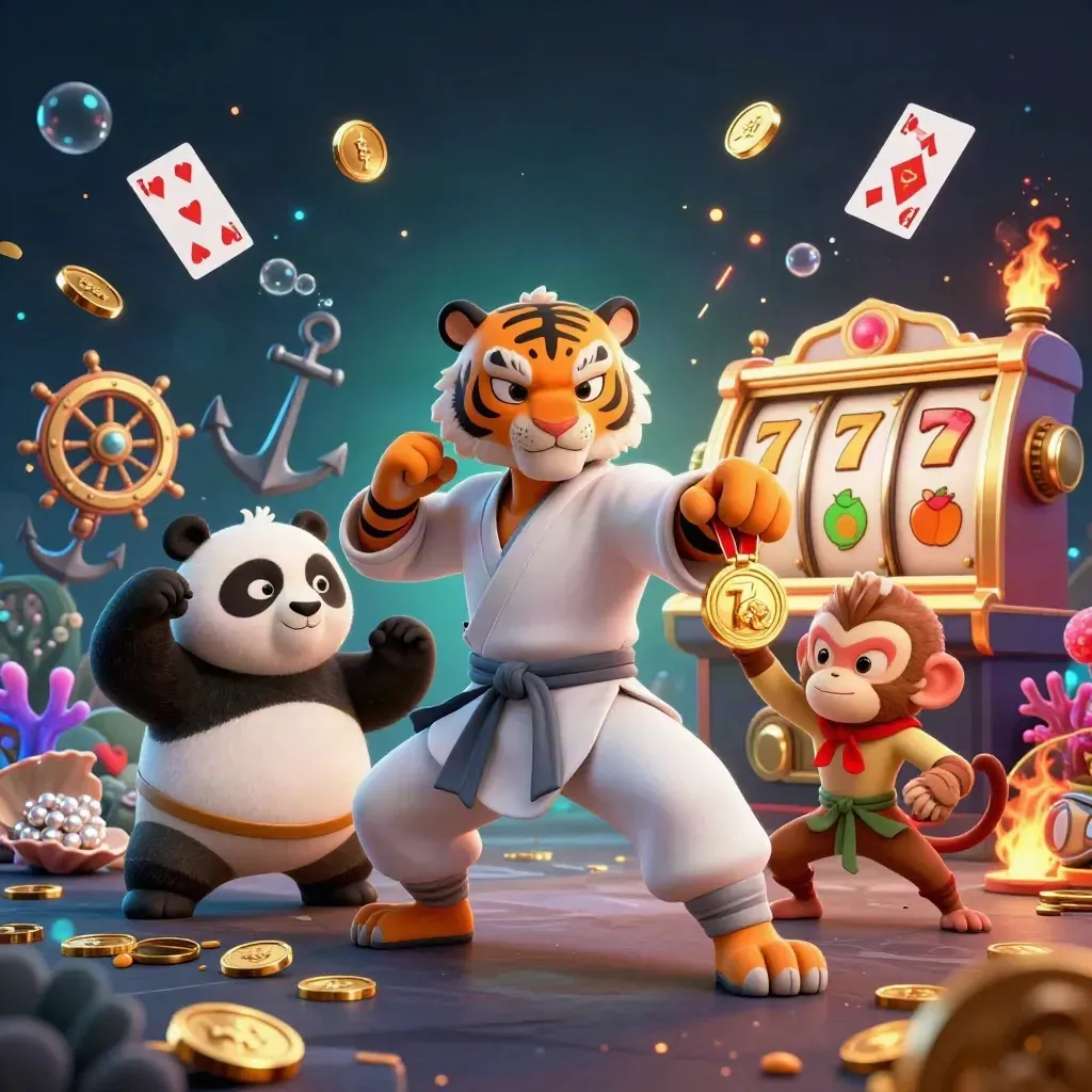 Tiger, panda, and monkey kung-fu heroes amid coins, coral, and casino symbols in a dark neon cove.