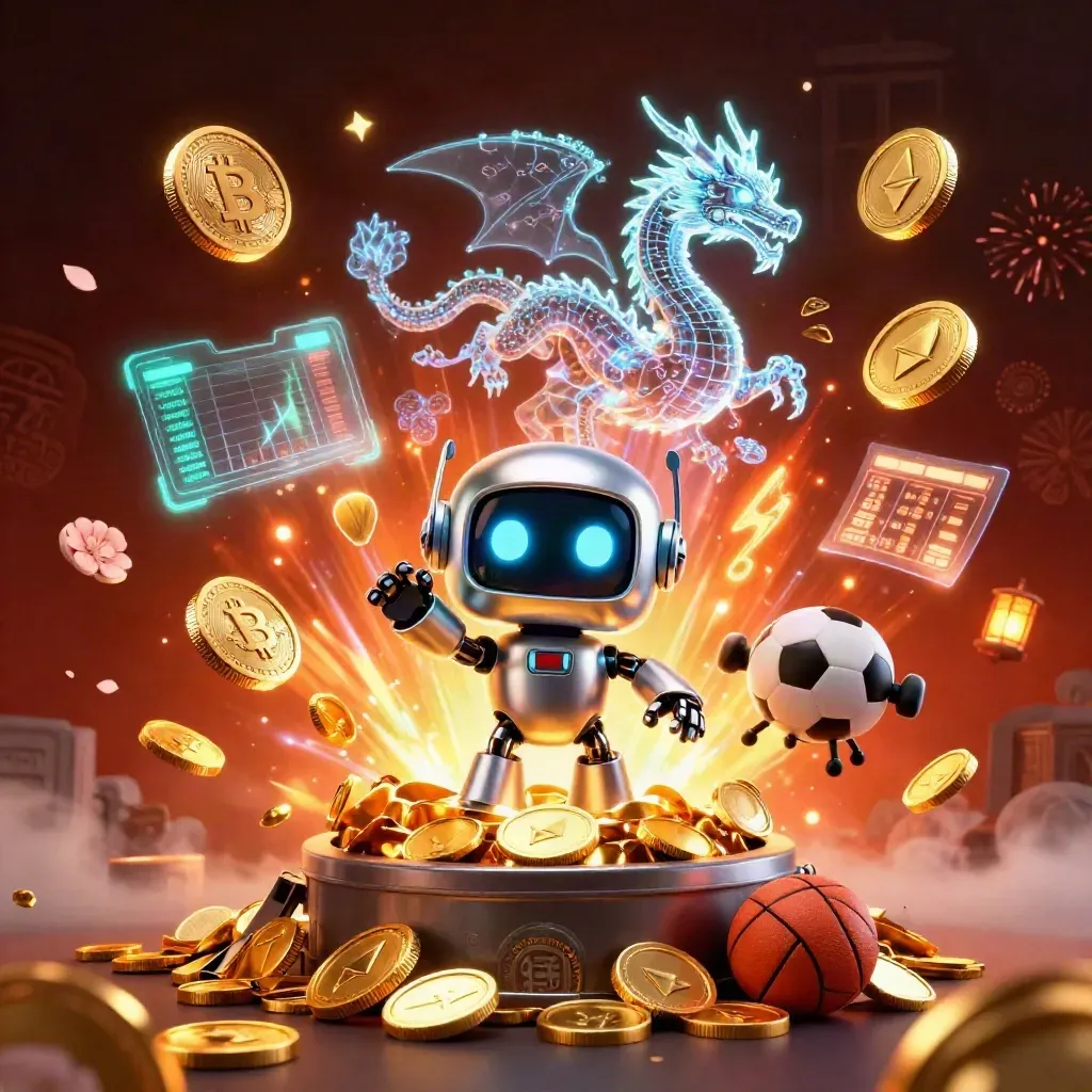 Cyberpunk robot, holographic dragon, coin drone, and casino coins with sports props and fireworks.