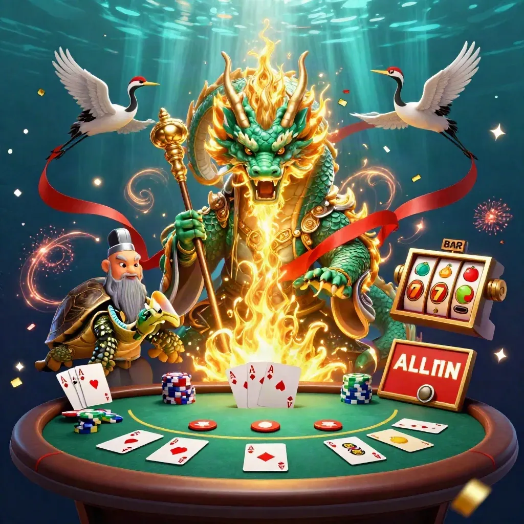 Jade dragon, turtle sage, and cranes amid casino props and glowing magic