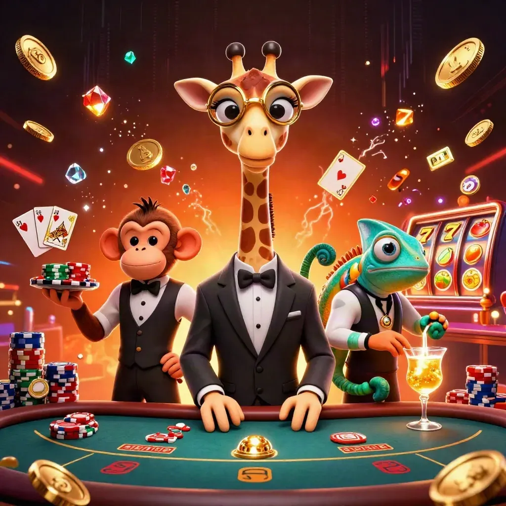 Giraffe, monkey and chameleon casino heroes amid chips, reels, coins and golden glow.