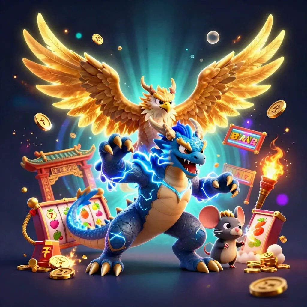 Thunder dragon, hawk, and mouse amid casino relics, coins, lightning, and neon slot effects.