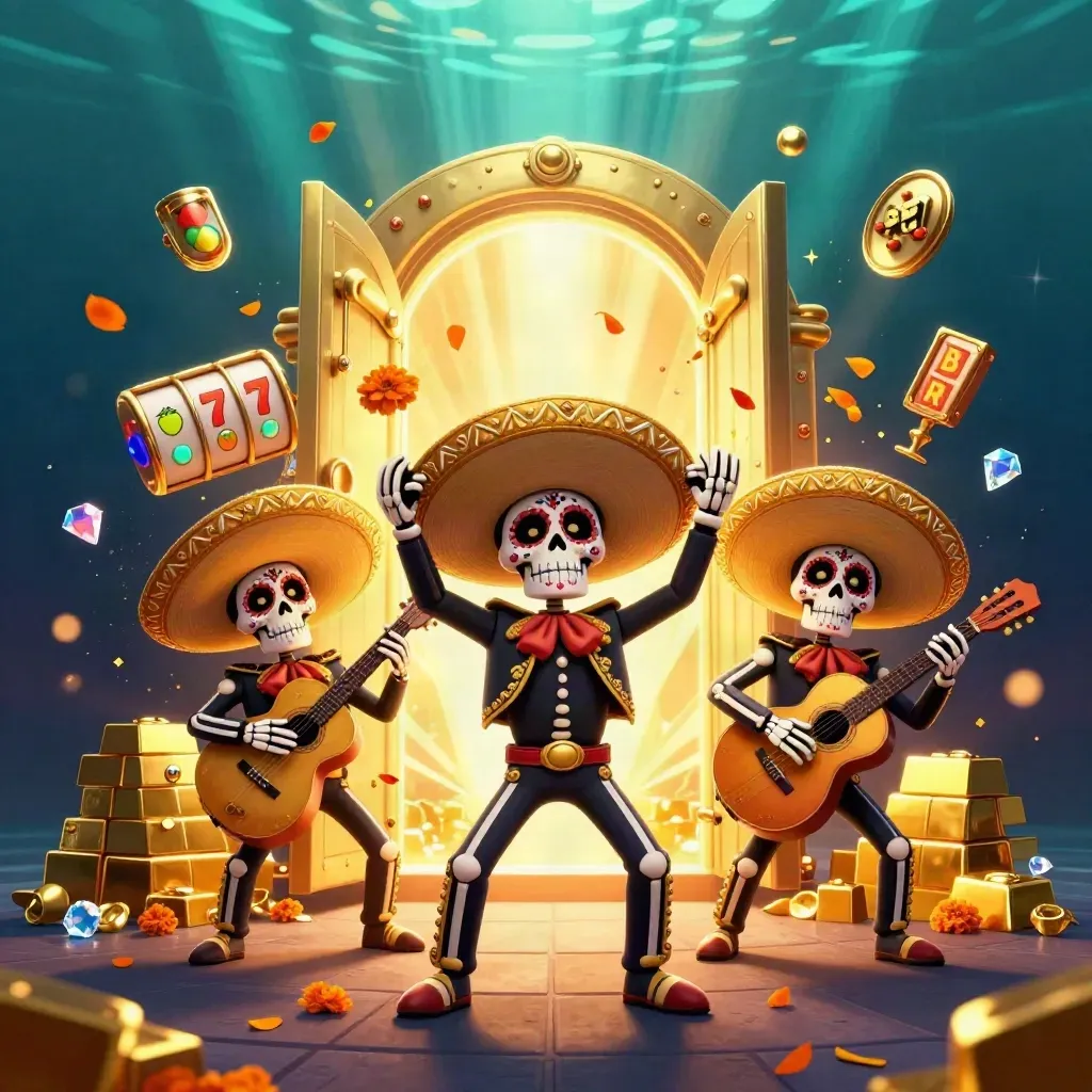 Skeleton mariachi trio with gold vault burst, treasure, reels, and glowing casino lights.