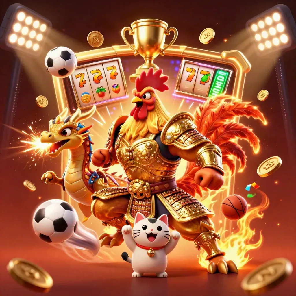 Rooster samurai, dragon hatchling, and fortune cat amid coins, balls, reels, and gold light.